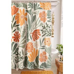 RoomTalks Cute Colorful Floral Extra Long Shower Curtain 84 Inch Funky Aesthetic Bathroom Decor - Heavy Duty Modern Abstract Matisse Flowers Plants Botanical Shower Curtain Set (Green and Terracotta)