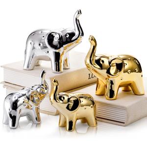 2 Pair Elephant Statue Home Decor, Good Luck Ceramic Elephant Figurines, Modern Style Elephant Decor, Cute Animal Sculpture for Living Room Bookshelf Desktop Office (Gold & Silver)