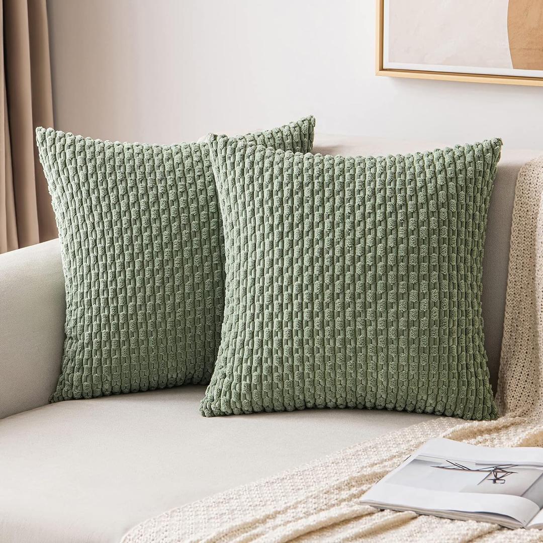 MIULEE Throw Pillow Covers Soft Corduroy Decorative Set of 2 Boho Striped Pillow Covers Pillowcases Farmhouse Home Decor for Couch Bed Sofa Living Room Spring 20x20 Inch Sage Green