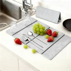 Stone Dish Drying Mat for Kitchen Counter, 24x16 Collapsible Diatomaceous Earth Mats, Quick Drying Absorbent Dish Mat, Non-Slip Countertop & Bath Mat for Dishes Cups Bottles, Light Gray
