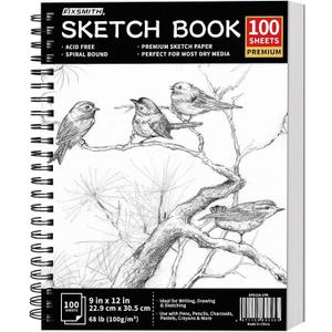 FIXSMITH 9"X12" Sketch Book | 100 Sheets (68 lb/100gsm) Spiral Sketchbook | Acid Free Drawing Paper | Sketch Pad for Kids,Beginners,Artists & Professionals| Bright White (Black)