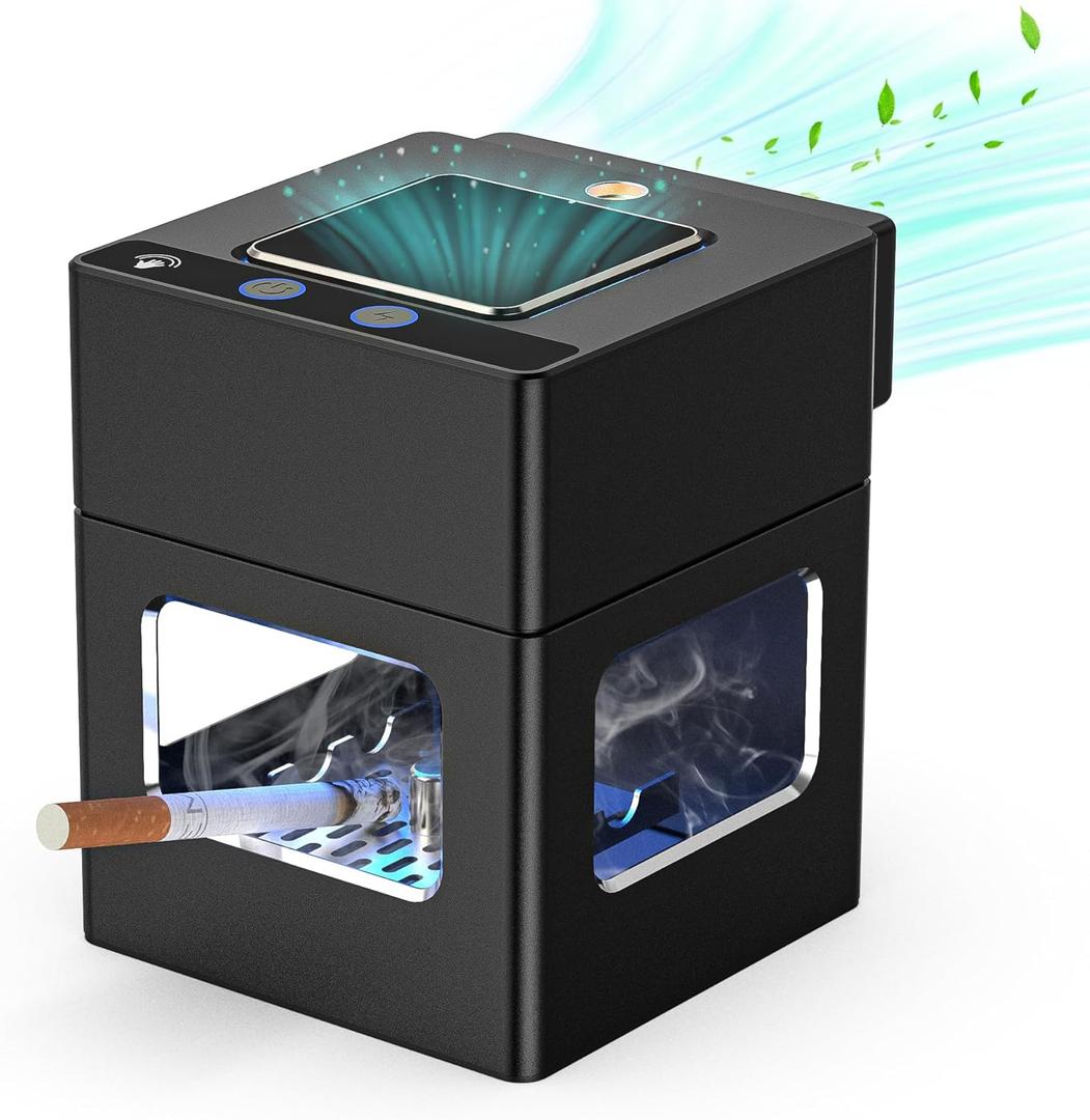 Intelligent HEPA Smokeless Ashtray Indoor with Lighter,USB Rechargeable Smoke Removing Ashtray for Home,Bedroom,Office,Car,Outdoor (Black-076)