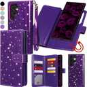 Varikke for Samsung Galaxy S24 Ultra Wallet Case Detachable with RFID Blocking Card Holder for Women, Glitter PU Leather Strap Wrist Magnetic Flip Wallet Removable Phone Case Cover 6.8", Dark Purple