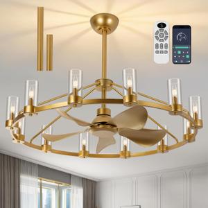 44" Wagon Wheel Chandelier Ceiling Fans with Lights and Remote with APP