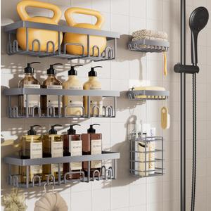 Veken 6-Pack Rustproof & Waterproof Shower Caddy, Adhesive Shelves Rack, Large Capacity Bathroom, College Dorm & Apartment Organizers, No-Drill Wall Mount Living Room & Bedroom Decor, Light Grey (6-Piece Set)