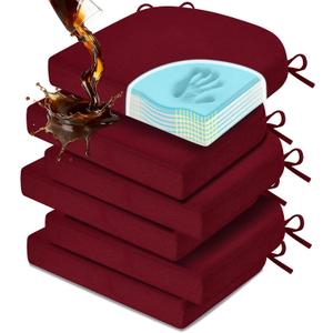 downluxe Chair Cushions for Dining Chairs, Memory Foam Linen Kitchen Chair Pads with Ties, Waterproof, Stain-Resistant and Washable Cover, 17" x 16" x 2.5", Red, 6 Pack