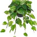 Hollyone Artificial Hanging Pothos Plants Potted Fake Ivy Faux Pothos Vine Leaves Hanging Greenery Plant in Black Pot for Home Indoor Tabletop Bedroom Patio Shelf Office Decor
