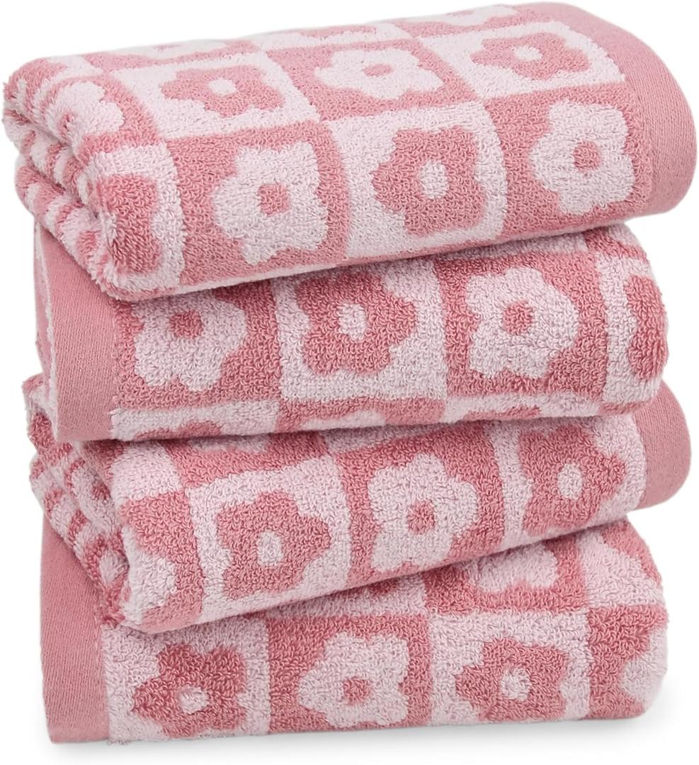 Jacquotha Cotton Hand Towels Pink Checkered Floral - Quick Drying Hand Towel Set of 4, for Women Girls Summer Bathroom Decor, 29 x 13