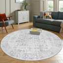 LIVEBOX Vintage Round Rug - Washable 5 Foot Large Oriental Circle Grey Rug for Living Room, Non-Slip Soft Carpet Low Pile Entryway Circular Rugs for Foyer Kitchen Kids Room (Silvergray)