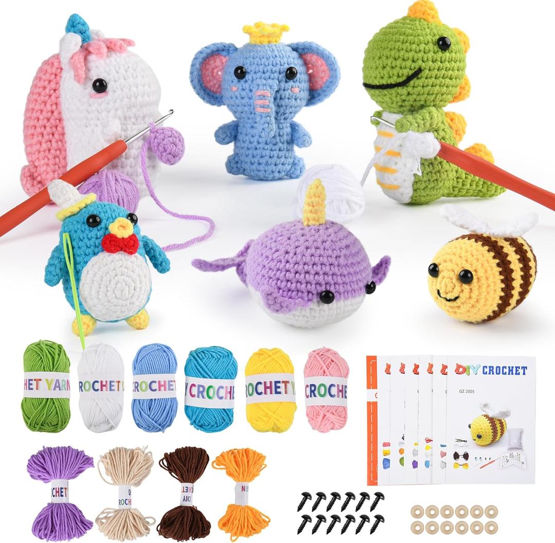 MINGOMINGO Crochet Kit for Beginners - 6 Pack Animals Amigurumi, DIY Craft for Adults and Kids, Gift for Crochet Lovers, with Step-by-Step Video Tutorials (40%+ Yarn) (colorful)