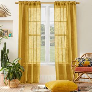 SHINELAND Mustard Yellow Sheer Curtains 84 Inches Long for Spring Living Room,Vintage Semi Light Filtering Linen Textured Boho Curtains 2 Panels Set for Bedroom 7FT Length