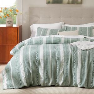 Bedsure Waffle Weave Duvet Cover Queen - 100% Cotton Boho Duvet Cover with 2 Pillowcases - Green Textured Comforter Cover with Zipper Closure (Queen, 90"x90") (19 - Strip Green (No Comforter))