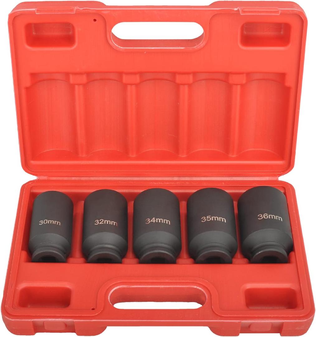 BATONECO 1/ 2" Drive Impact Socket Set, 12 Point Axle Nut Socket Set of 5PCS, 30mm, 32mm, 34mm, 35mm, 36mm, CR-MO, Heavy-duty Deep Socket Set with Portable Case, Red