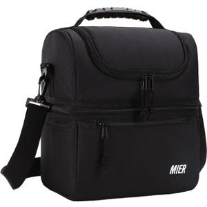 MIER 2 Compartment Lunch Bag for Men Women, Leakproof Insulated Cooler Bag for Work, Black (Medium)