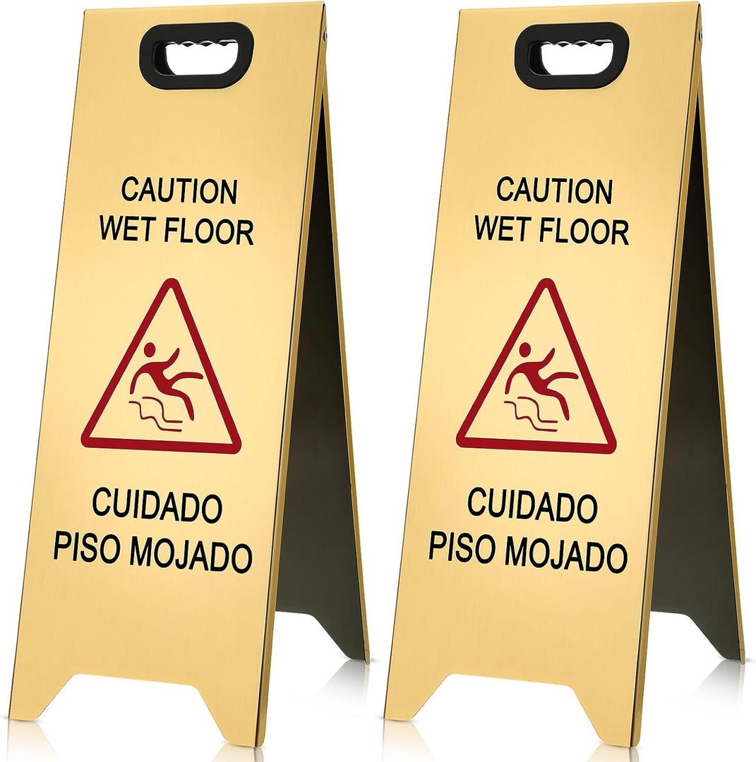 MorningRo 2 Pcs 24 Inch Stainless Steel Wet Floor Sign, Gold Heavy Duty Caution Wet Floor Sign Double Sided Portable Foldable Bilingual Safety Warning for Restaurant Restroom Office Avoid Fall