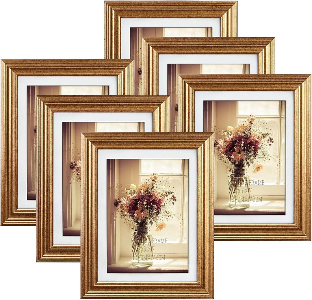 MEBRUDY 5x7 Picture Frames (Gold, 6 Pack), Display Pictures 5x7 with Mat or 6x8 Without Mat, Photo Frames for Wall Mount or Table Top