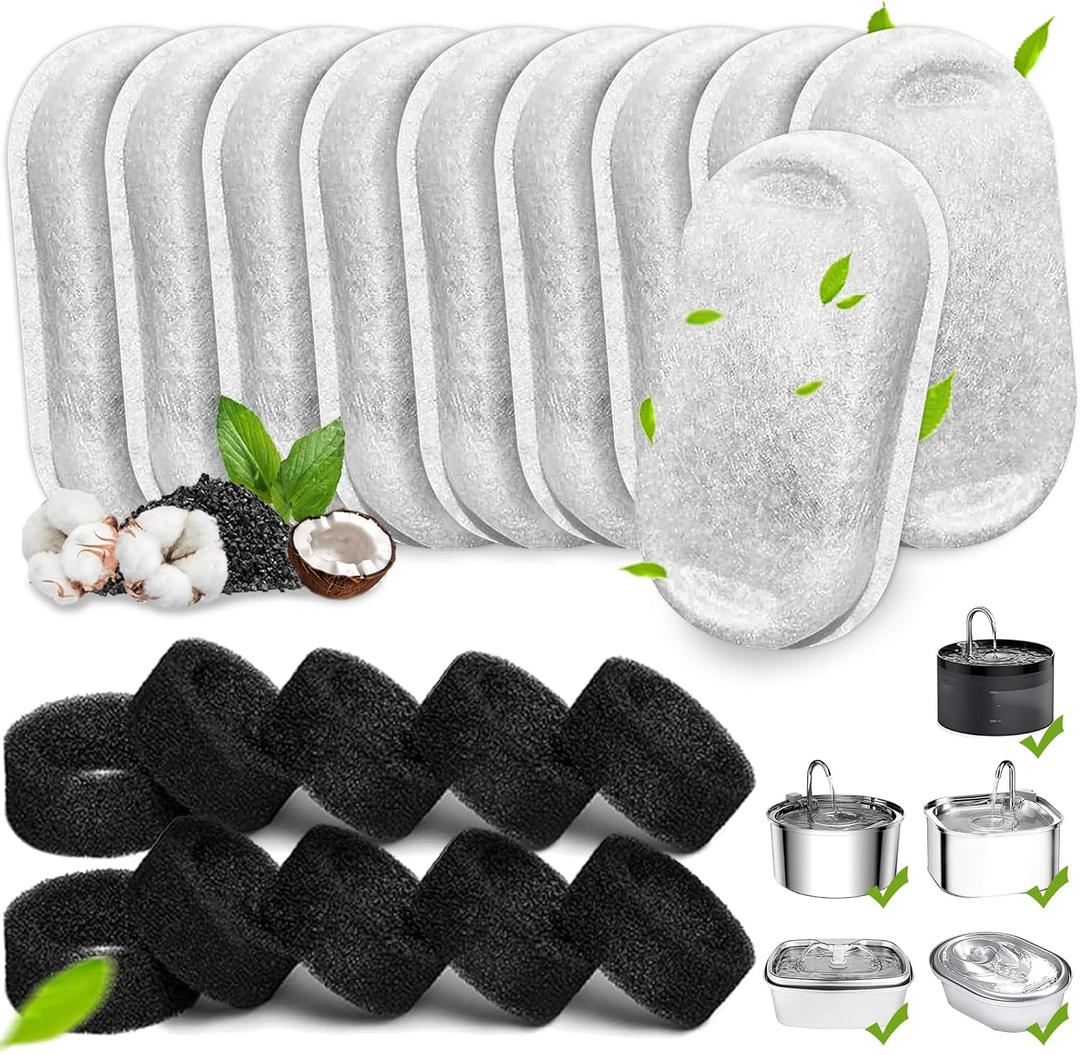 Cat Water Fountain Filters, 20Pack Cat Fountain Replacement Filters for Stainless Steel 108oz/3.2L& 67oz/2L adjustable Water Flow Pet Water Fountain,Dog Water Fountain Filters10 Filters& 10 Sponges)
