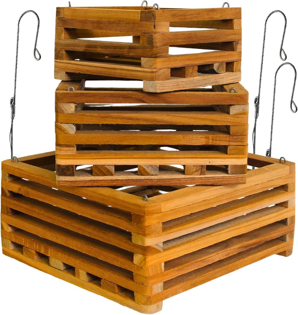 Set of 3 Strong Wooden Orchid Baskets with Hangers, Vanda Baskets for Outside