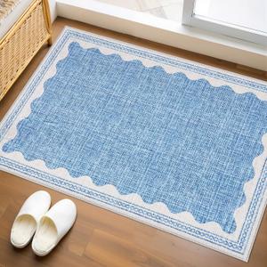 GarveeHome Door Mat Indoor Rugs for Entryway Small Throw Rug 2x3 Washable Non-Slip Solid Blue Modern Minimalism Soft Low-Pile Scalloped Carpet for Bedroom Kitchen Bath Entrance with Rubber Back