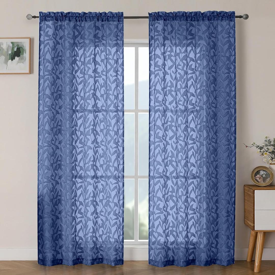 OWENIE Leyna Dusty Blue Sheer Curtains 84 Inches Long for Living Room Bedroom 2 Panels Set, Modern Clip Jacquard Leaves Textured Light Filtering Curtains, Double Rod Pockets Drapes, 40Wx84L Inch
