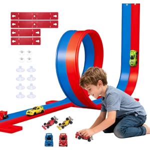 Flexible Race Track for Kids, 16.4 Ft Bendable Racetrack Set with Suction Cups,Compatible with Hot Wheels/Matchbox 1/64th Cars,Portable Track Toy Gift for Boys Girls Ages 3+(Blue & Red)