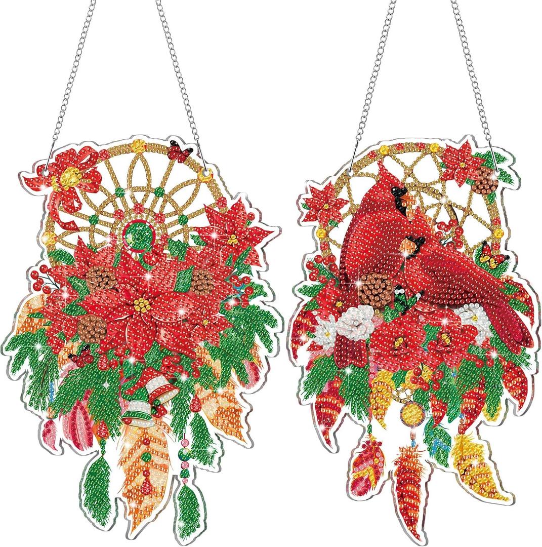 Saillong 2 Pcs Christmas Diamond Art Hanging Kits for Adult Cardinal Diamond Painting Ornament Christmas Dream Catcher Hanging Ornament for Home Window Wall Front Door Decorations