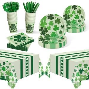 Childom St Patricks Day Party Supplies Decorations,147 Pcs Disposable St Patricks Day Tableware Set with Green Plastic Tablecloth Knives Fork,Paper Plates Napkin Cups for St Patrick's Day Decorations