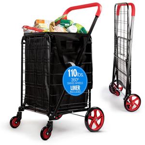 SereneLife Large Folding Utility Shopping Cart with Removable Liner Heavy Duty, 360 Swivel Wheels, 110 lb Capacity, Portable for Groceries, Laundry, Luggage, and More (Red)