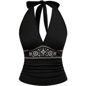 BEAUDRM Women's Western Tops Cowgirl Boho Tops 70s Hippie Cowboy Cowgirl Outfits Going Out Backless Halter Tank (Black, S)