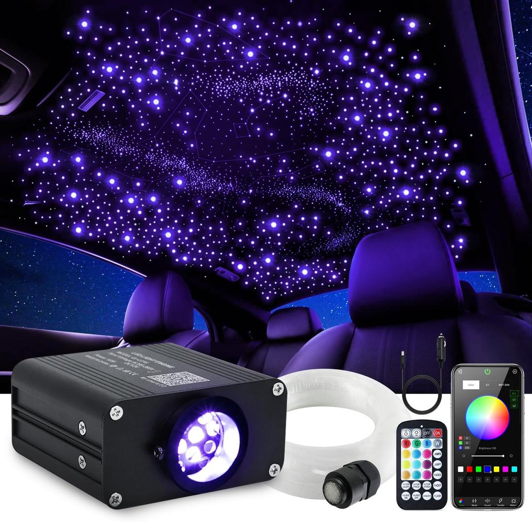 Starlight Headliner Kit, Twinkle & Sound Activate RGBW 16W Fiber Optic Lights with Bluetooth APP & Remote Control, 300 pcs*0.03in*9.8ft, Star Lights for Home/Car Decor