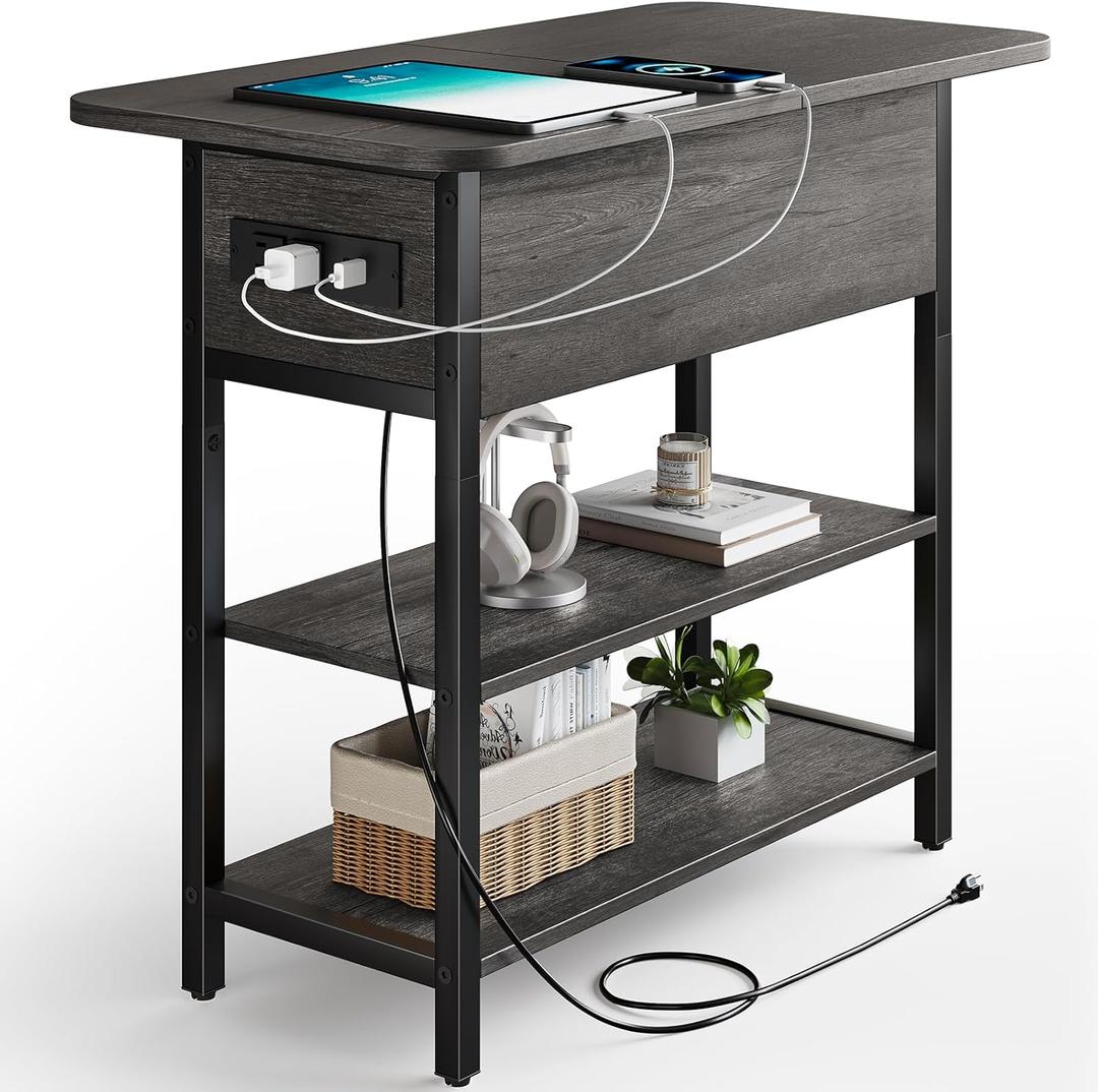 Yoobure End Table with Charging Station, Flip Top Side Table with USB Ports and Outlets, Sofa Couch Table Bedside Table for Living Room Bedroom, Narrow Nightstand with Storage Shelves for Small Space (Charcoal Gray)
