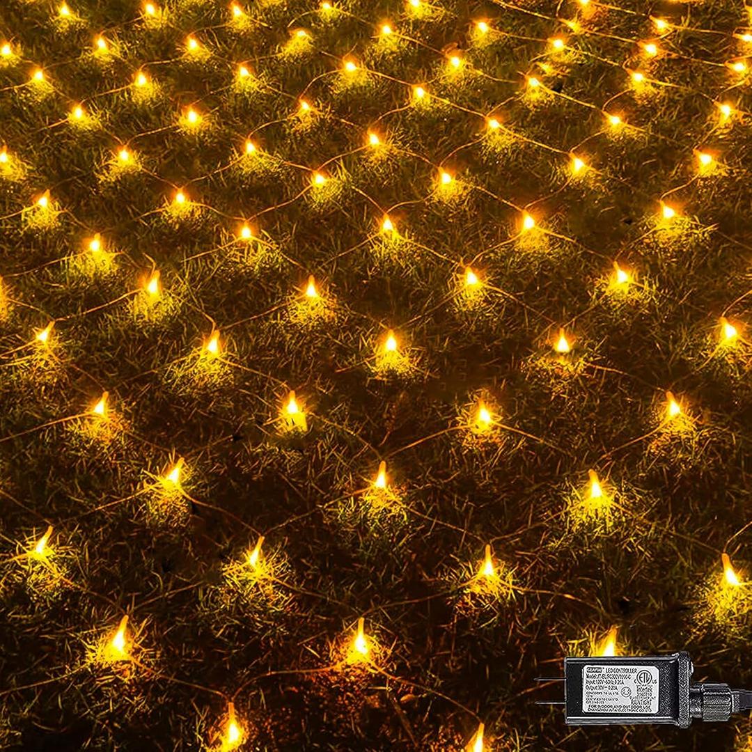 FUNPENY Christmas 360 LED Net Lights, 12 FT x 5FT Clear Wire Christams Outdoor String Lights 8 Modes Waterproof Connectable Xmas Decorations for Indoor Bushes Garden Party Holiday Decor (Warm White)