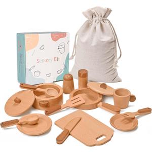 Play Kitchen Accessories Montessori Wooden Toys Kids Kitchen Set Cookware Plates Dishes Pots Pans Cooking Playset 15 Pieces Sensory Toys for Toddlers Girls Boys With Storage Bag