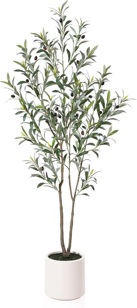 LOMANTO Artificial Olive Trees, 6 ft Tall Fake Olive Trees for Indoor, Faux Olive Silk Tree, Large Olive Plants with White Planter for Home Decor and Housewarming Gift, 1 Pack