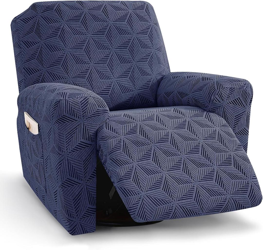 YEMYHOM Oversized Recliner Chair Cover, Stretch Recliner Slipcover for 1 Seater, Geometric Jacquard Reclining Couch Cover Large Furniture Protector for Pets & Kids, Navy