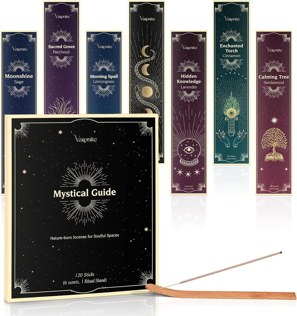 Mystical Guide Incense Sticks Variety Pack of 6 (120 Insence-Sticks) with Holder: Patchouli, Lavender, Sandalwood, Cinnamon, Lemongrass, Sage Inscents-Stick, Organic Incense Stick Non Toxic