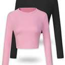 ANYOCEAN Women's 2-Pack Long Sleeve Crew Neck Ruched T-Shirt,Slim Fit Comfort Knit Crop Top,Athletic & Casual Ladies Blouses (25A027 2P Black Rose Pink M)