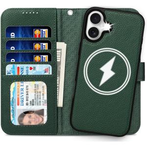 for iPhone 16 Case Wallet Detachable, 2 in 1 Leather Wallet Flip Folio Case with 4 Card Holder, RFID Blocking, Wireless Charging, Microfiber Lining, Slim Durable, for Women/Men (Emerald Green)