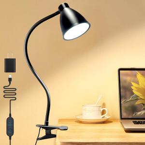BOHON Desk Lamp 3 Color Modes 10 Brightness Dimmer Reading Light 10W 38 LED Clamp Lamp with Auto Off Timer 360 Flexible Gooseneck Clip on Light for Bed Bedside, AC Adapter Include