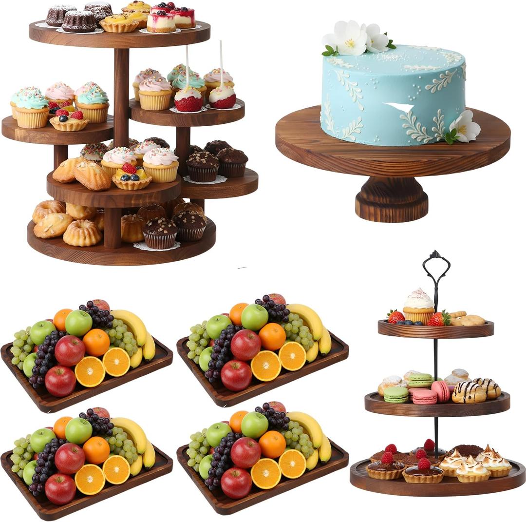 RattanView 7 Pcs Wooden Dessert Table Display Set Round Cupcake Tower Stand Rectangular Serving Tray Cookie Cake Macaron Platter for Display Centerpiece Tea Party Baby Shower Wedding Birthday