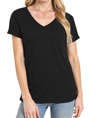 5 PACK YOGINGO V Neck T Shirts for Women - Summer Fashion Trendy Outfits Clothes - Lightweight Soft Casual Women T Shirt Black, L