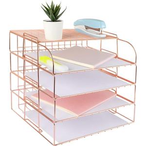 Spacrea Letter Tray, 4 Tier Rose Gold Desk Organizers and Accessories for Women, Stackable Paper File Organizer with 1 Upper Display Shelf (Rose Gold)