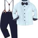 DISAUR Boy Formal Suits Wedding Outfit Long Sleeve Button Down Dress Shirt Bow Tie Suspender Pants Gentleman for 5-9 Years (Blue/Navy Blue)