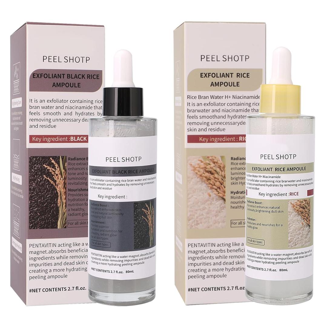 Black Rice Exfoliant,Peel Shot Rice Ampoule Duo Set White and Black Rice Exfoliating facial mask .Reduce blackheads, shrink pores, suitable for all skin types, 2.03Fl Oz (Pack of 2)
