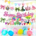 3 x Witch and Princess Happy Birthday Banner, Pink and Green Party Sign Decorations, Girl Boy Theme Supplies, Bday Kids 1st First Decor