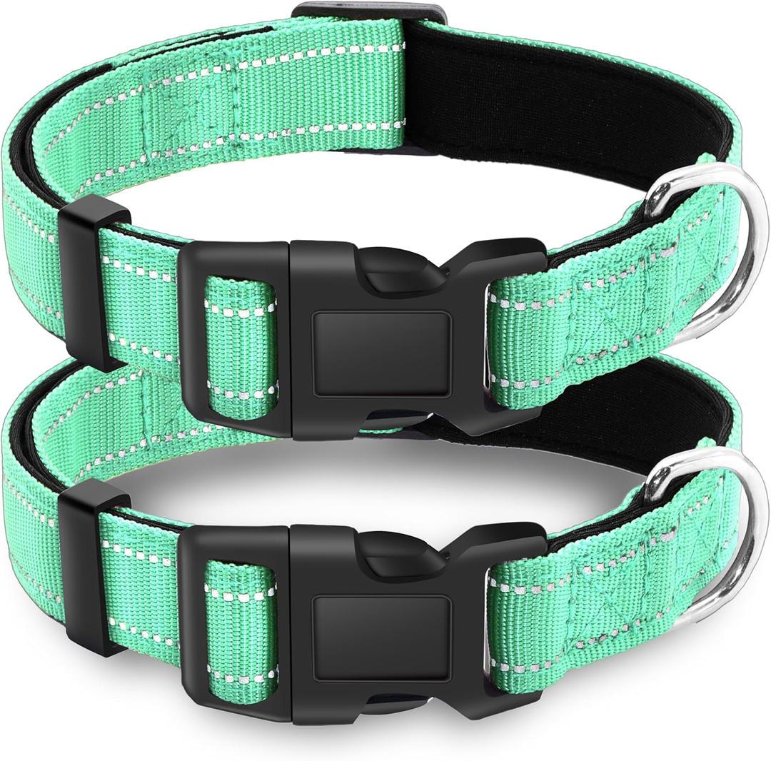 2 Pack Reflective Dog Collar with Safety Locking Buckle, Adjustable Soft Breathable Comfortable Nylon Pet Collar for Small, Medium and Large Dogs, Turquoise, L (Large (Width 1"))