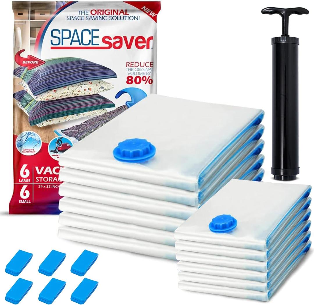 12 Pack Variety Vacuum Storage Bags for Comforters, Blankets & Clothes Vacuum Sealed Compression Bags with Hand Pump Space Saver Storage Bags for Bedding, Moving, Travel & Organization (6S & 6L)
