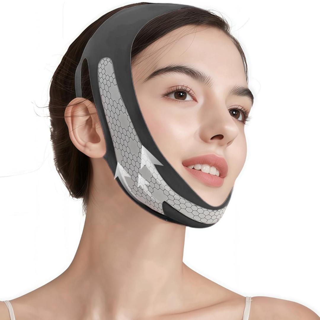ROWMATE Graphene V-Line Mask Chin Up Mask V Shaped Face Mask Chin Strap for Sleeping,Jawline Shaper,Black,Medium
