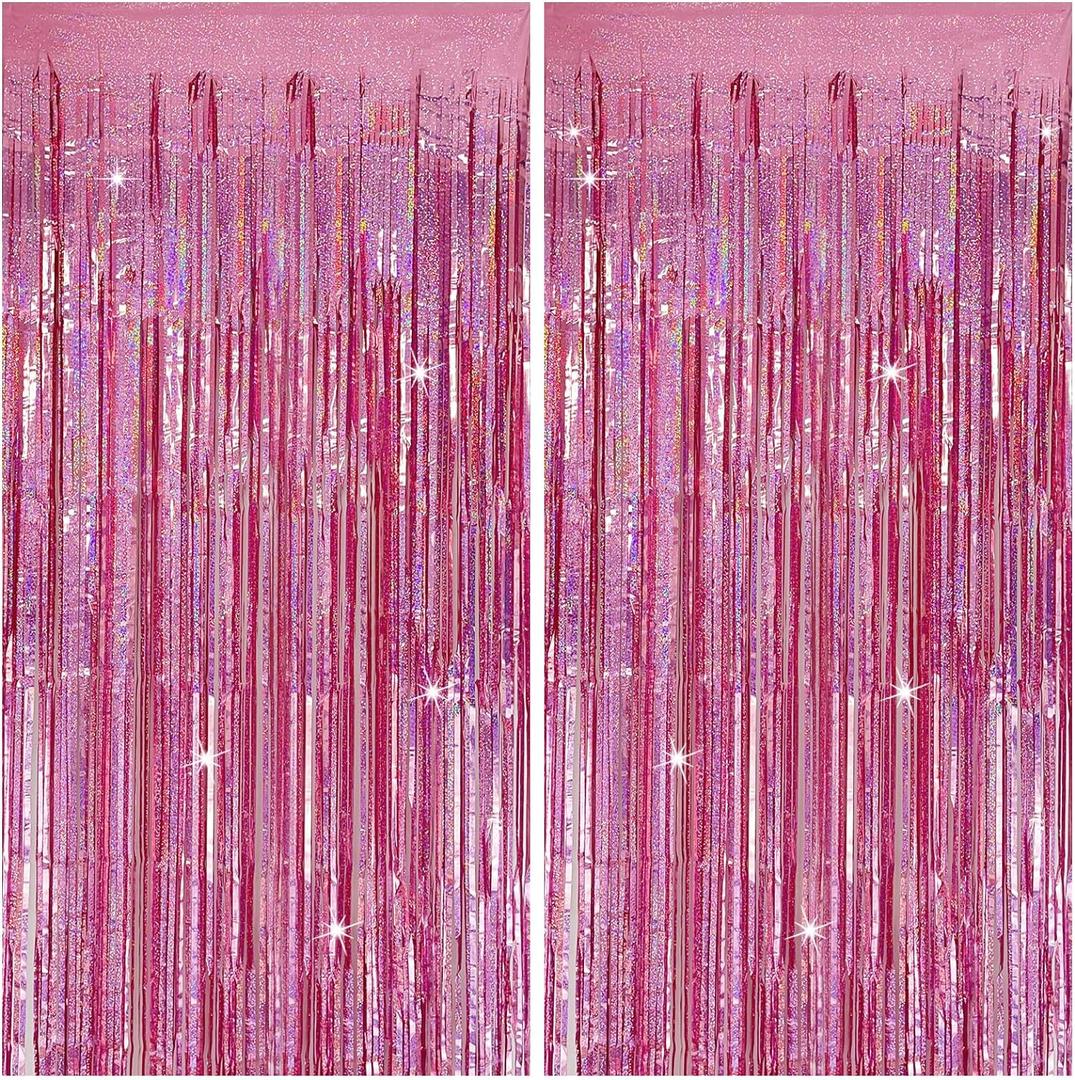 Tinsel Curtain Pink Birthday Party Decorations 2 Packs Glitter Foil Fringe Curtain Decor Streamers Photo Booth for Birthday Christmas Wedding Halloween Graduation