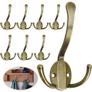 Homanu 8 Pack Coat Hooks Heavy Duty, Metal Three Prongs Large Coat Hooks Wall Mounted with 16 Screws, No Rust Antique Brass Rustic Wall Hooks for Hanging Towel, Coat, Scarf, Bag, Hat, Cup, Key